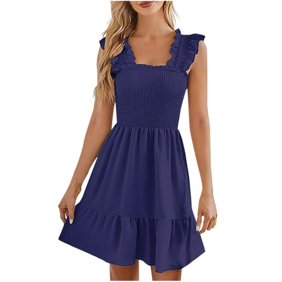 Oplxuo Summer Dress for Women Casual Sleeveless Square Neck Smocked Dress Backless Ruffle Boho Dress Cover Up Sundress