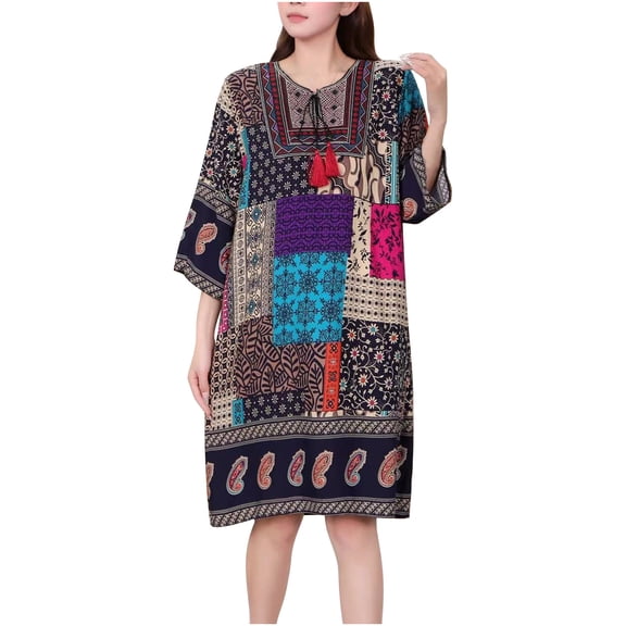 Oplxuo Summer Dresses for Women Casual Tshirt Boho Tassel Tie Neck Short Sleeve Short Floral Sundress Beach Cover Ups