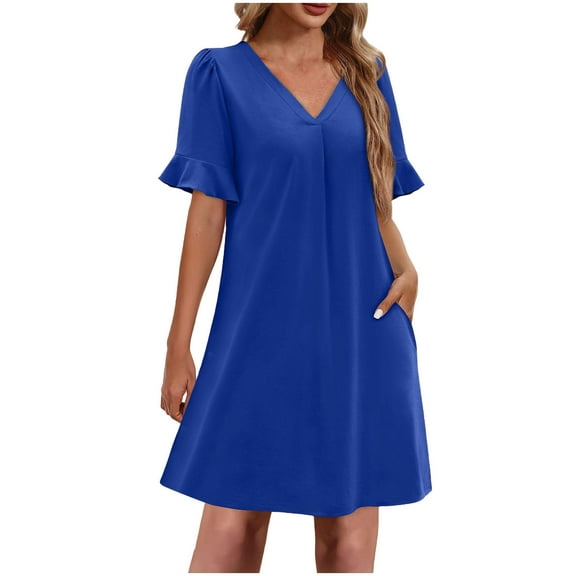 Oplxuo Summer Dresses for Women Ruffle Short Sleeve V Neck Casual Shift Dress with Pockets
