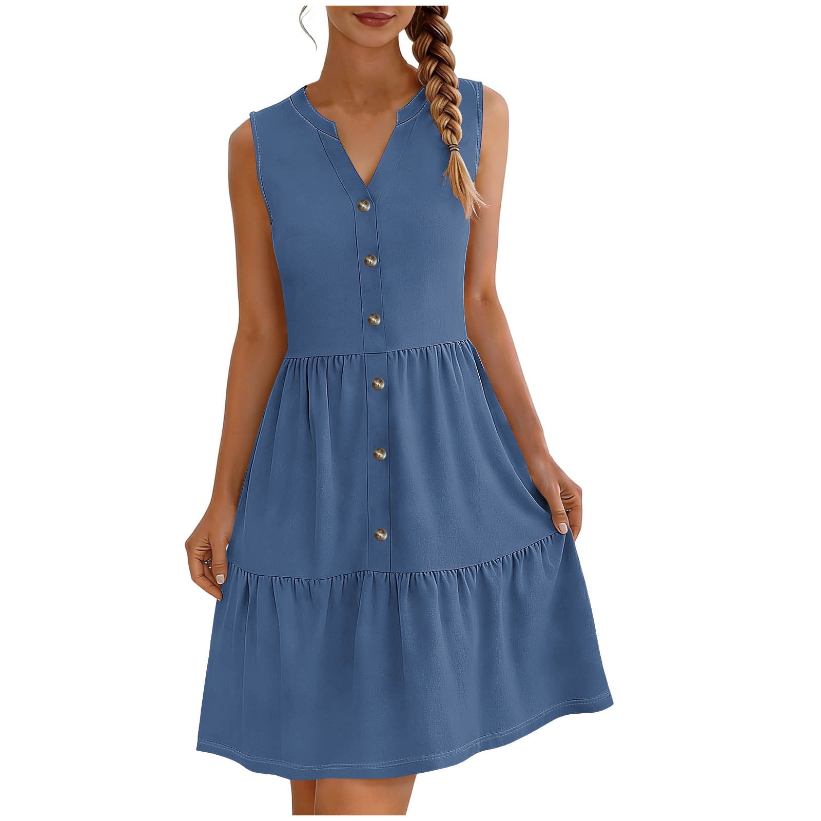 Oplxuo Summer Dresses for Women V Neck Sleeveless Sundresses Button Down Casual Dresses Ruffled Hem Midi Dress for Beach