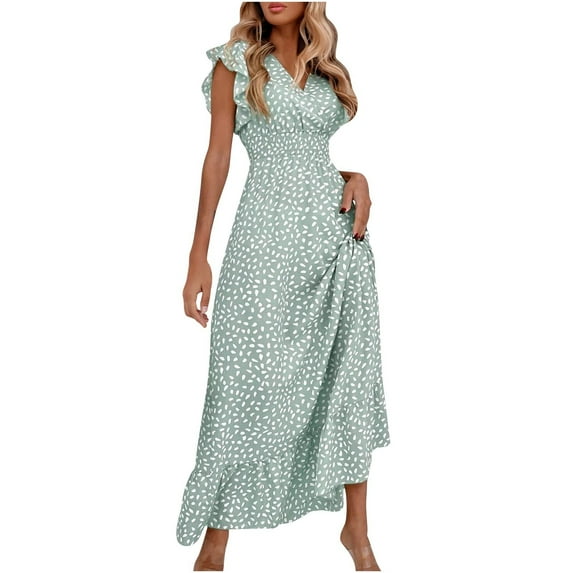 Oplxuo Summer Floral Maxi Dress for Women 2025 Vacation Ruffle Sleeve V Neck Wrap Spring Beach Wedding Guest Dresses