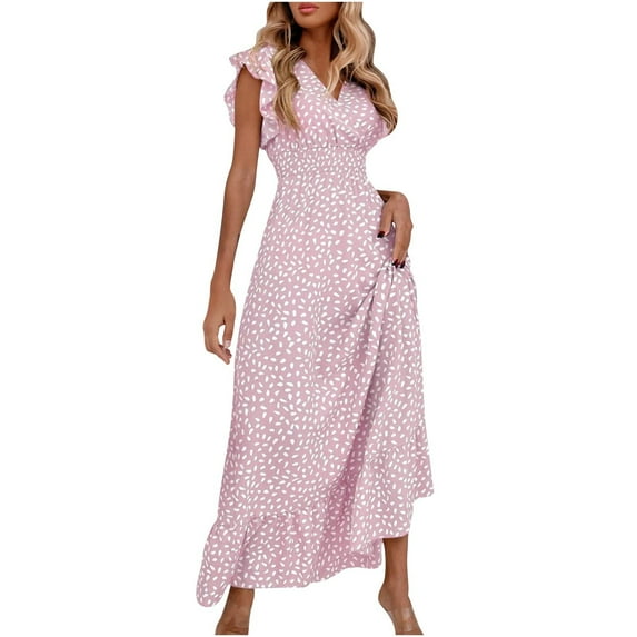 Oplxuo Summer Floral Maxi Dress for Women 2025 Vacation Ruffle Sleeve V Neck Wrap Spring Beach Wedding Guest Dresses