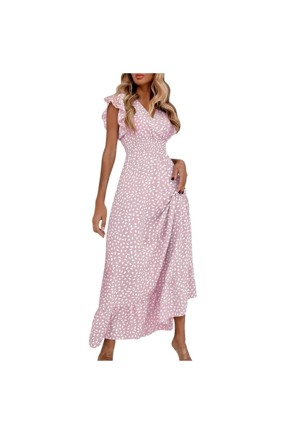 Summer Floral Maxi Dress for Women 2025 Vacation Ruffle Sleeve V Neck Wrap Spring Beach Wedding Guest Dresses
