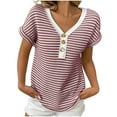 thumbnail image 1 of Oplxuo Summer Knitted Tops for Women Casual Striped Button Up V Neck Blouse Short Sleeve Loose Pullover Tee Shirts, 1 of 7