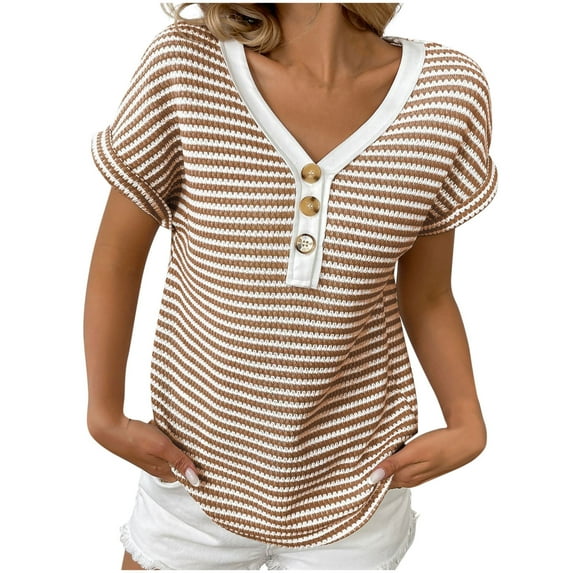 Oplxuo Summer Knitted Tops for Women Casual Striped Button Up V Neck Blouse Short Sleeve Loose Pullover Tee Shirts
