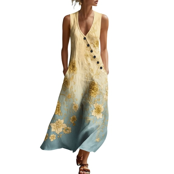 Oplxuo Summer Maxi Dresses for Women Linen V Neck Sleeveless Beach Sundress Button Casual Loose Tank Dress with Pockets