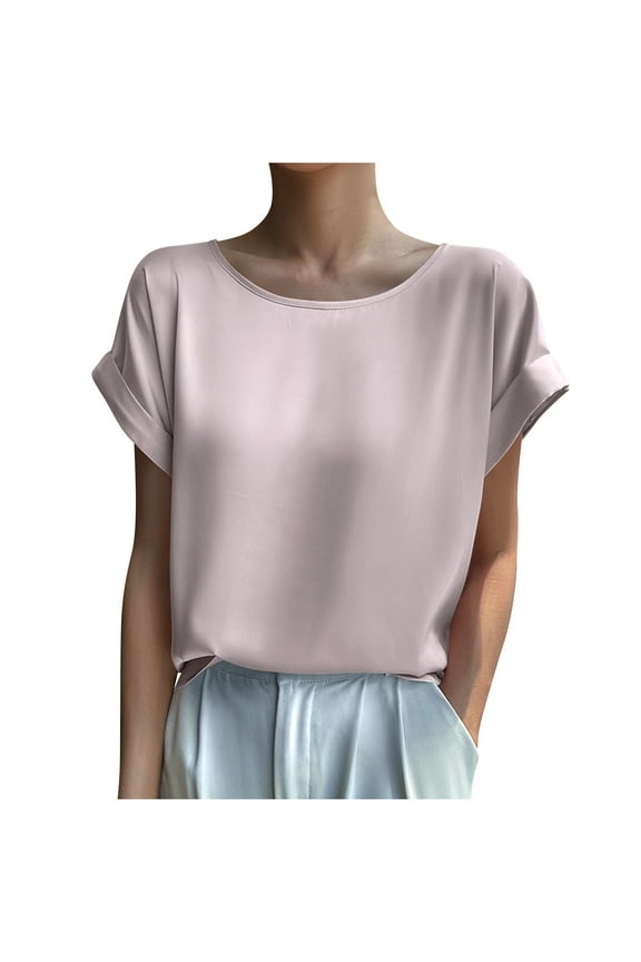 Summer Satin Silk Tops for Women Short Sleeve Dressy Casual Office Blouse Basic Solid Loose Crewneck Tunic Shirts