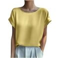 thumbnail image 1 of Oplxuo Summer Satin Silk Tops for Women Short Sleeve Dressy Casual Office Blouse Basic Solid Loose Crewneck Tunic Shirts, 1 of 2