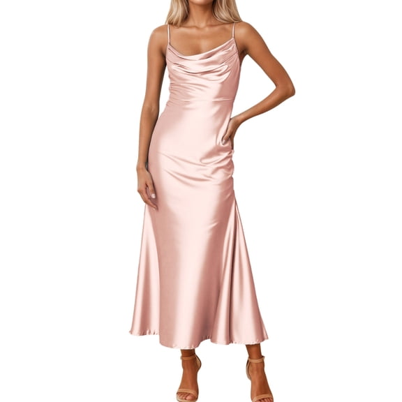 Oplxuo Summer Satin Spaghetti Strap Cowl Neck Backless Midi Dresses for Women Elegant Tie Low Back Ruched Cocktail Dress