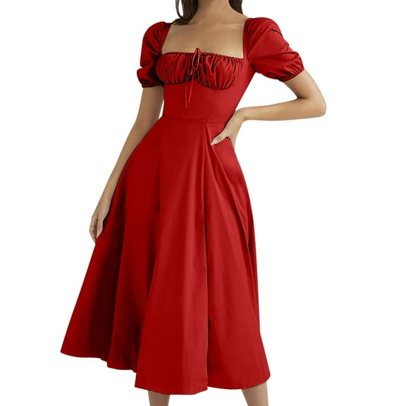 Oplxuo Summer Sexy Corset Dress for Women Low Cut Square Neck Puff Sleeve Swing Beach Vacation Party Dresses