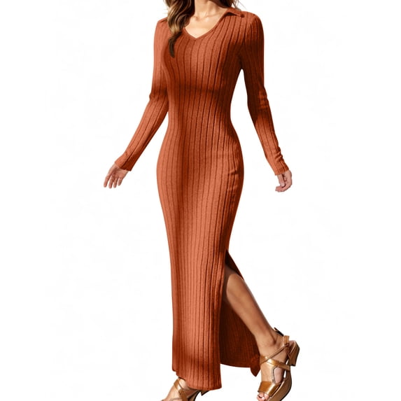 Oplxuo Sweater Dresses for Women Slim Fit Lapel V Neck Long Sleeve Pullover Casual Knitted Slit Maxi Dress