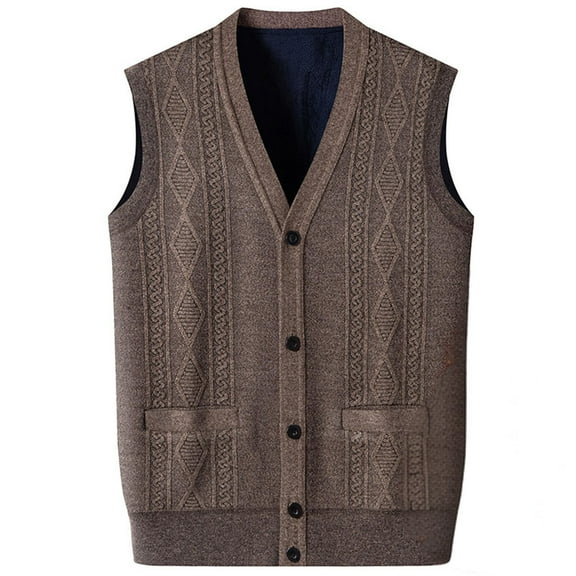 Oplxuo Sweater Vest for Men Warm Fleece Lined Button V Neck Sleeveless Cardigan Knitted Winter Waistcoat