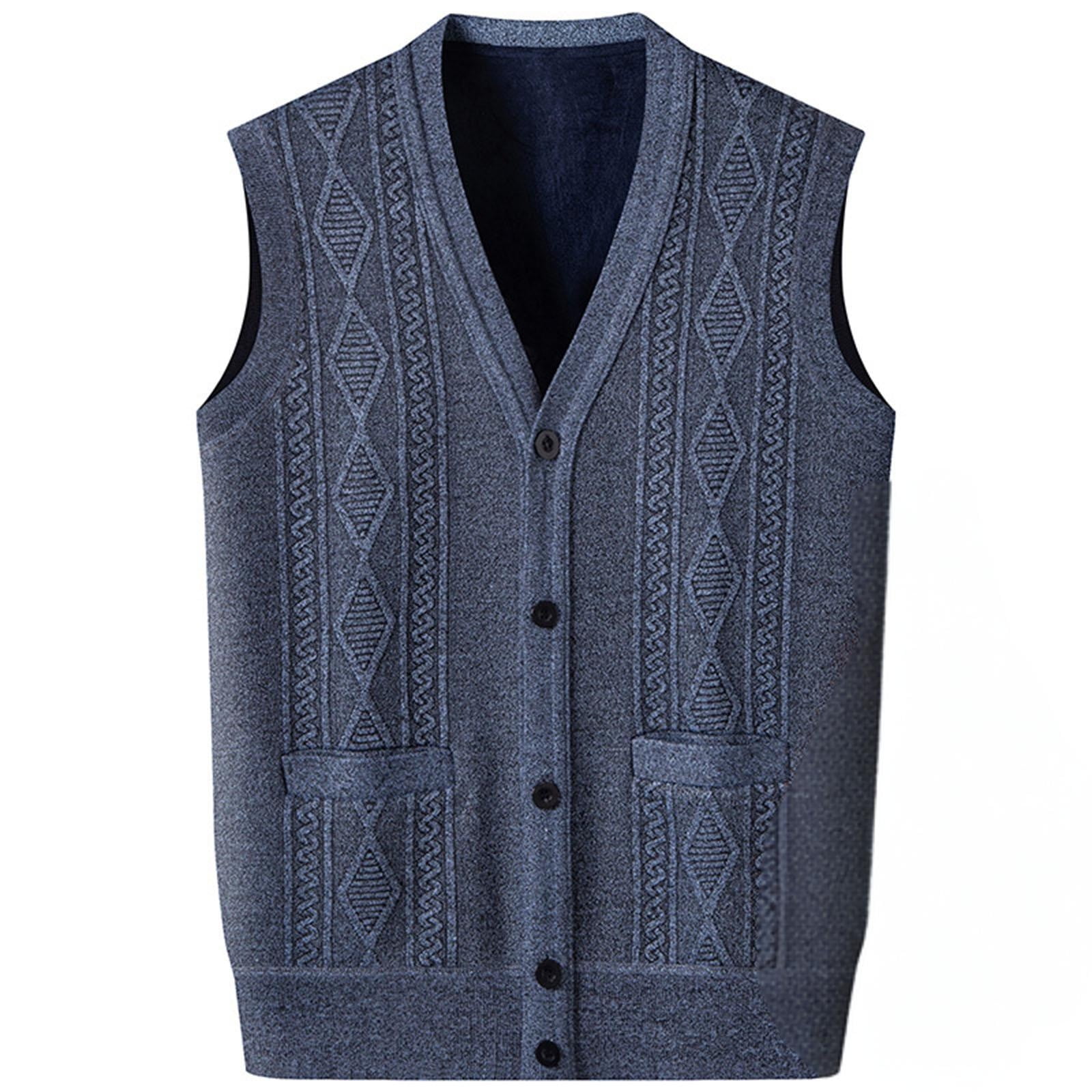 Oplxuo Sweater Vest for Men Warm Fleece Lined Button V Neck Sleeveless ...