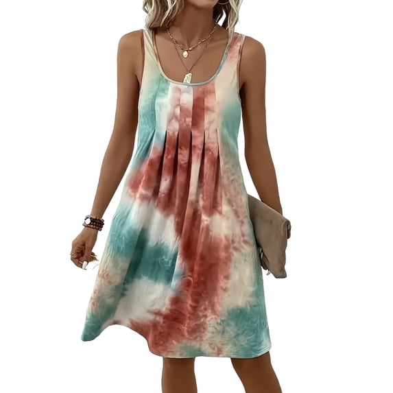 Oplxuo Swimsuit Coverup Summer Dresses for Women Casual Loose Fit Dresses Sleeveless Tie-dye Sundress Front Pleated Dress