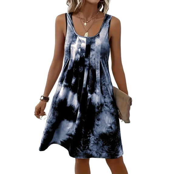 Oplxuo Swimsuit Coverup Summer Dresses for Women Casual Loose Fit Dresses Sleeveless Tie-dye Sundress Front Pleated Dress
