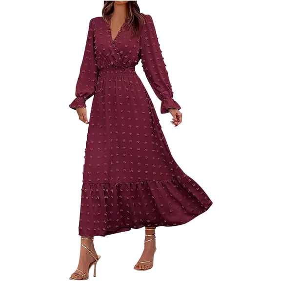 Oplxuo Swiss Dots Wedding Guests Dresses for Women Elegant V Neck Long Sleeve Swing Ruffle Hem Party Cocktail Maxi Dress