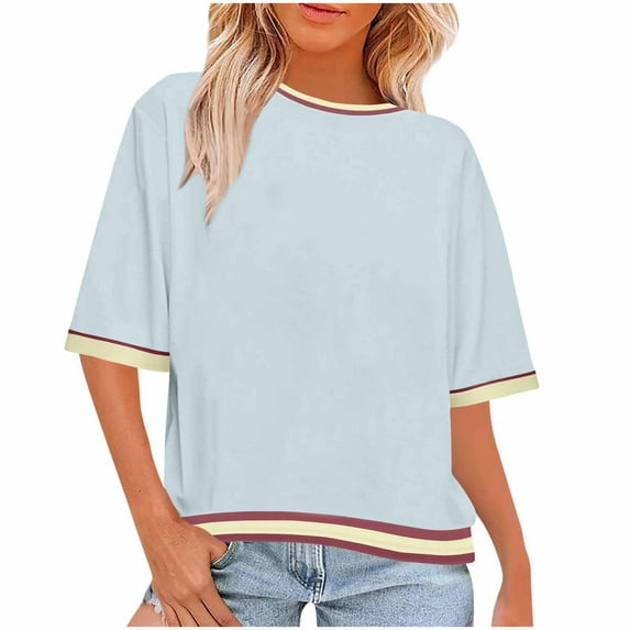 Oplxuo T Shirts for Women Striped Color Block Loose Fit Round Neck Womens Tops Fashion 2025 Oversized Tshirts for Women