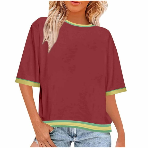 Oplxuo T Shirts for Women Striped Color Block Loose Fit Round Neck Womens Tops Fashion 2025 Oversized Tshirts for Women