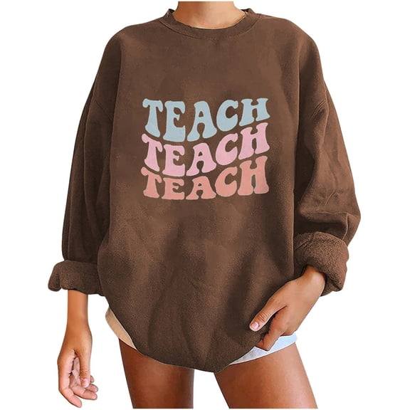 Oplxuo TEACH Back to School Womens Oversized Crewneck Sweatshirt 2025 Fall Pullover Casual Long Sleeve Tshirt Tops