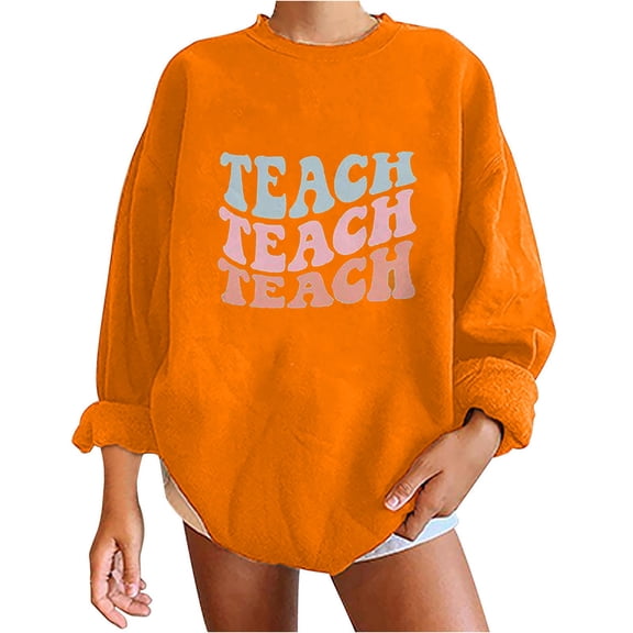 Oplxuo TEACH Back to School Womens Oversized Crewneck Sweatshirt 2025 Fall Pullover Casual Long Sleeve Tshirt Tops