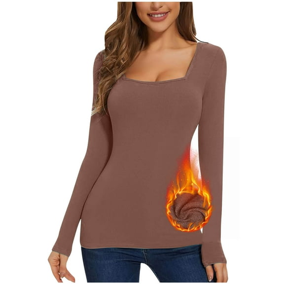 Oplxuo Thermal Shirts for Women Fleece Lined Long Sleeve Tops Slim Fit Basic Solid Square Neck Base Layer Tee Shirts