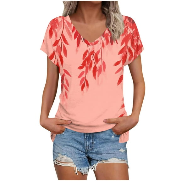 Oplxuo Tops for Women 2025 Summer Boho Floral Print T Shirts Short Sleeve V Neck Blouses Beach Vacation Clothes