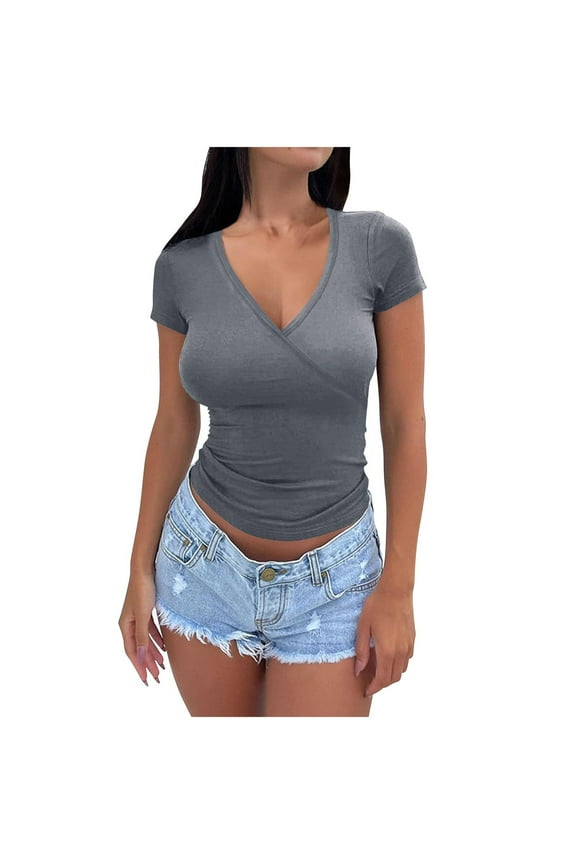 Tshirts for Women Short Sleeve Deep V Neck Tops Cross Wrap Ruched Plunge Slim Fit Tee Shirts Tunic Tops Tee