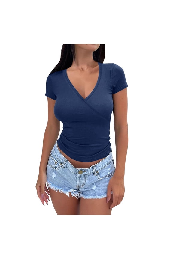 Tshirts for Women Short Sleeve Deep V Neck Tops Cross Wrap Ruched Plunge Slim Fit Tee Shirts Tunic Tops Tee