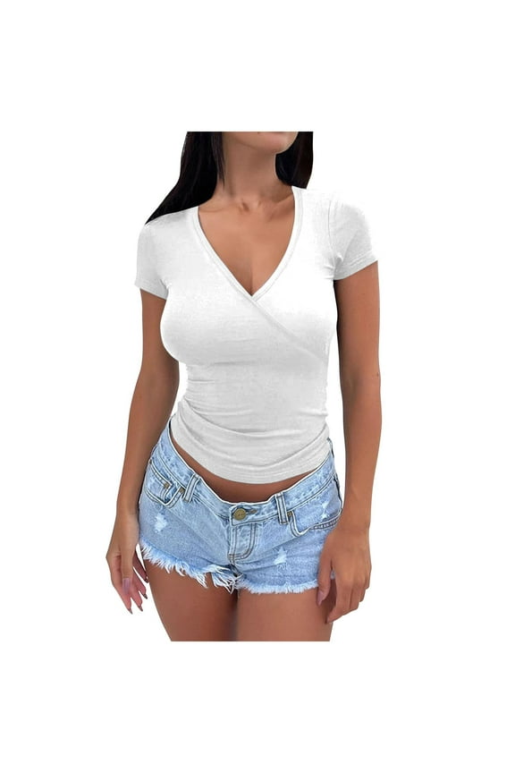 Tshirts for Women Short Sleeve Deep V Neck Tops Cross Wrap Ruched Plunge Slim Fit Tee Shirts Tunic Tops Tee