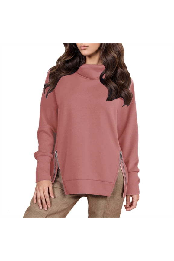Turtleneck Sweatshirt for Women Loose Crewneck Long Sleeve Casual Pullover Zipper Split Side Tunic Tops