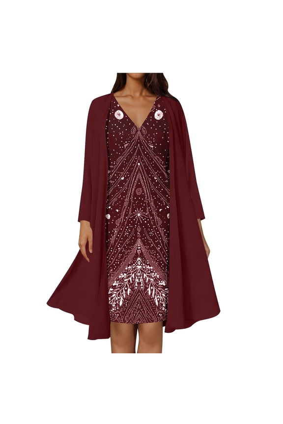 Two Piece Dress Set for Women Mother of The Bride Chiffon Cardigan Wedding Guest Floral Print Midi Dresses