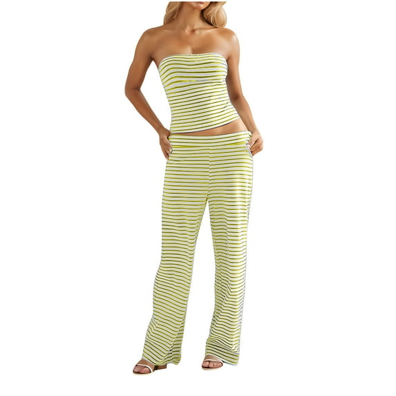 Oplxuo Two Piece Outfits for Women Summer Striped Strapless Bandeau Crop Tube Tops Sexy Low Waist Wide Leg Pants Lounge Sets