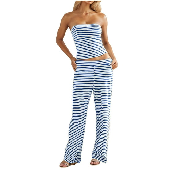 Oplxuo Two Piece Outfits for Women Summer Striped Strapless Bandeau Crop Tube Tops Sexy Low Waist Wide Leg Pants Lounge Sets