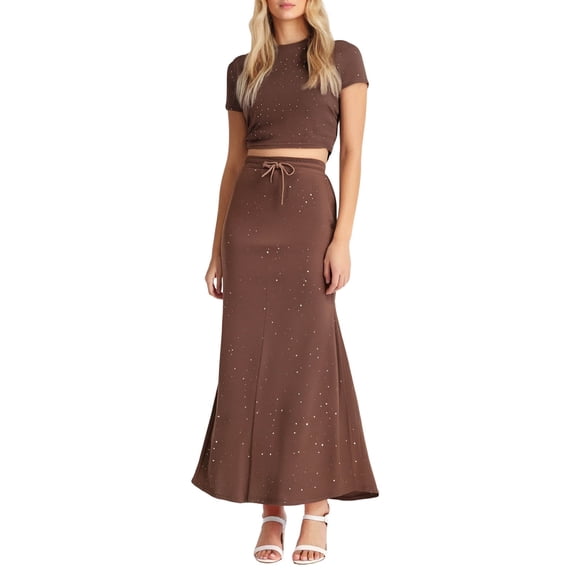 Oplxuo Two Piece Skirt Set for Women - Sexy 2 Pc Short Sleeve Crewneck Cropped Top Maxi Long Skirts Sets