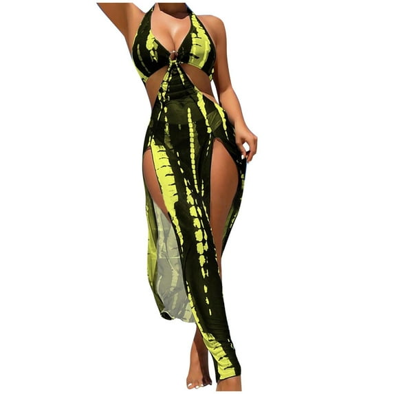 Oplxuo Two Piece Swimsuits for Women Sexy Halter Bikini Set with Coverups Maxi Dress Tie Dye 3 Piece Bathing Suits Swimwear