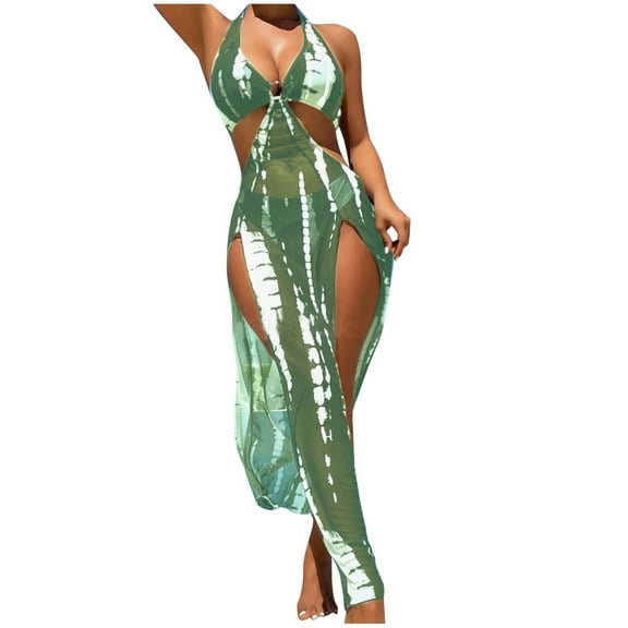 Oplxuo Two Piece Swimsuits for Women Sexy Halter Bikini Set with Coverups Maxi Dress Tie Dye 3 Piece Bathing Suits Swimwear