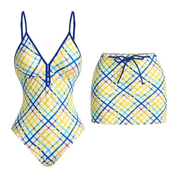 Oplxuo Two Piece Womens Tankini Swimsuits V Neck Color Blocked Plaid Tummy Control Swimsuit with Wigh Waist Briefs Swimwear