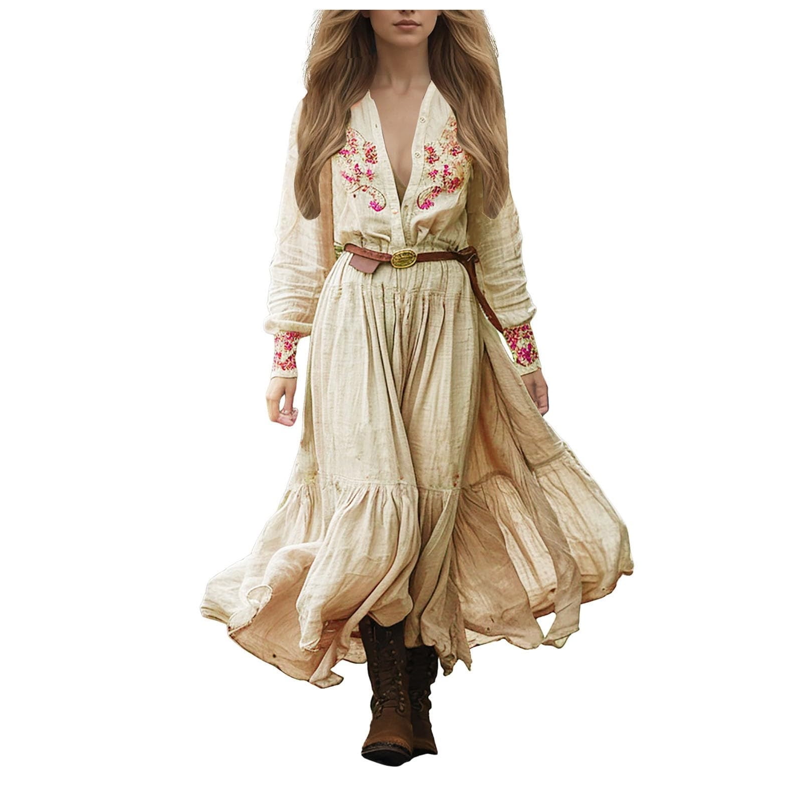 Oplxuo Vintage Western Country Dress for Women Sexy V Neck