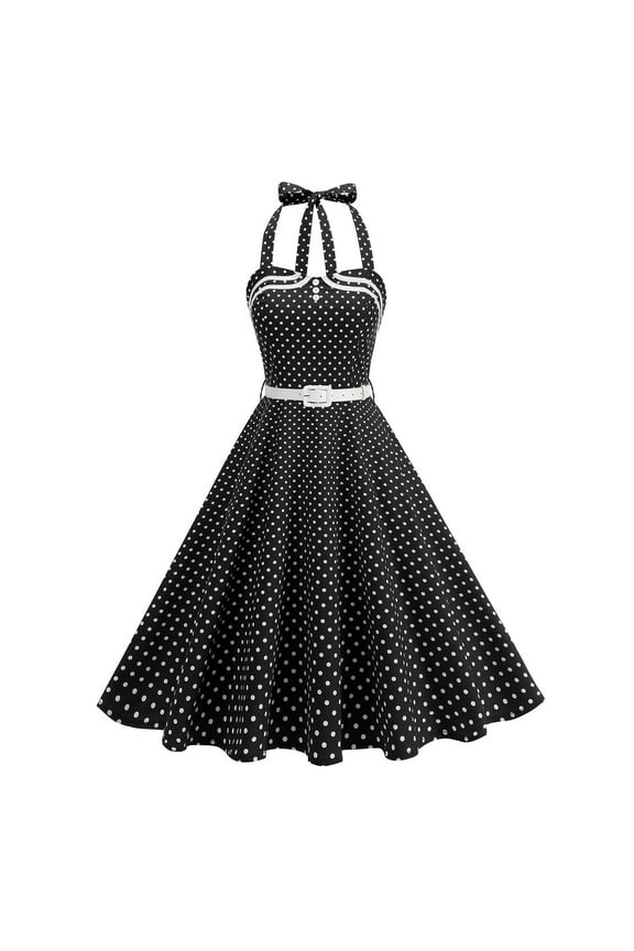 Vintage Women 1950s Rockabilly Swing Dress 50s Retro Polka Dot Halterneck A-Line Dresses Cocktail Tea Party Dress