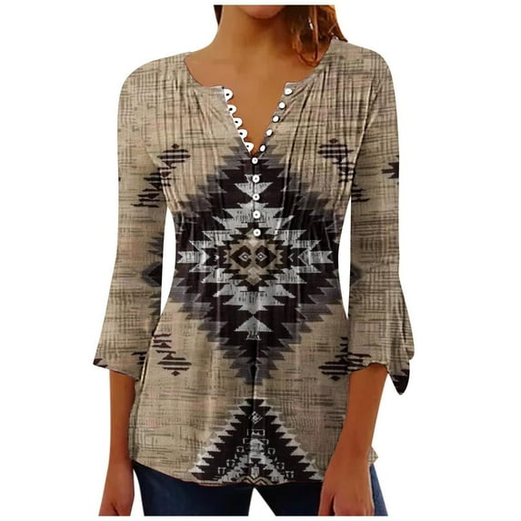 Oplxuo Western Aztec Print 3/4 Sleeve Henley T-Shirts for Women Dressy Casual Pleated Blouse Loose Button Up Pleated Tunic Tops