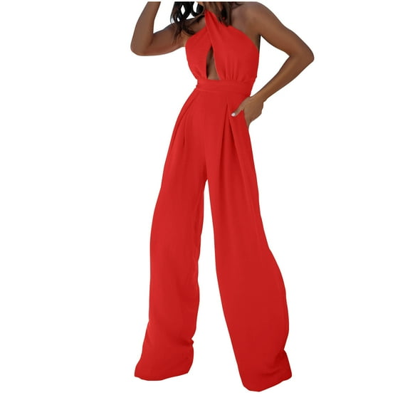 Oplxuo Wide Leg Jumpsuits for Women Dressy Casual Crossover Halter Sleeveless Summer Formal Office Party Linen Rompers