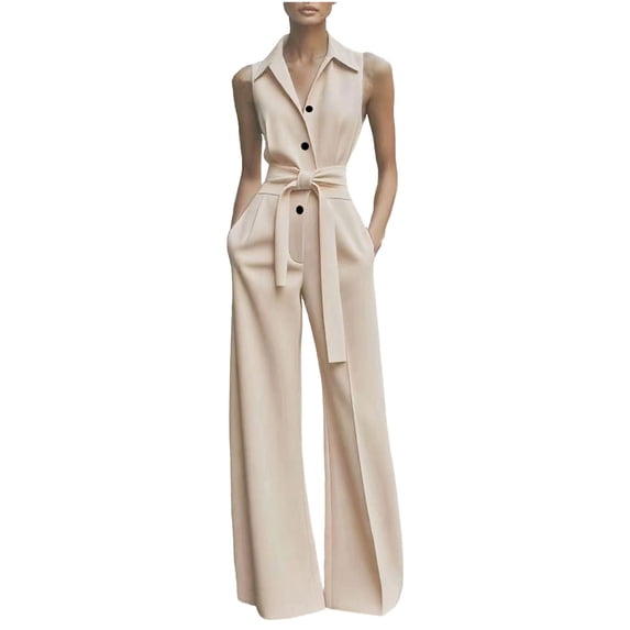 Oplxuo Wide Leg Jumpsuits for Women Dressy Summer Button Up Lapel Sleeveless Elegant Work Rompers with Belt & Pockets