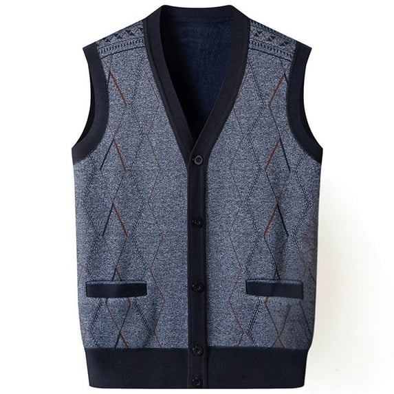 Oplxuo Winter Sweater Vest for Men Button Down V Neck Sleeveless Cardigans Fleece Lined Knitted Warm Waistcoat