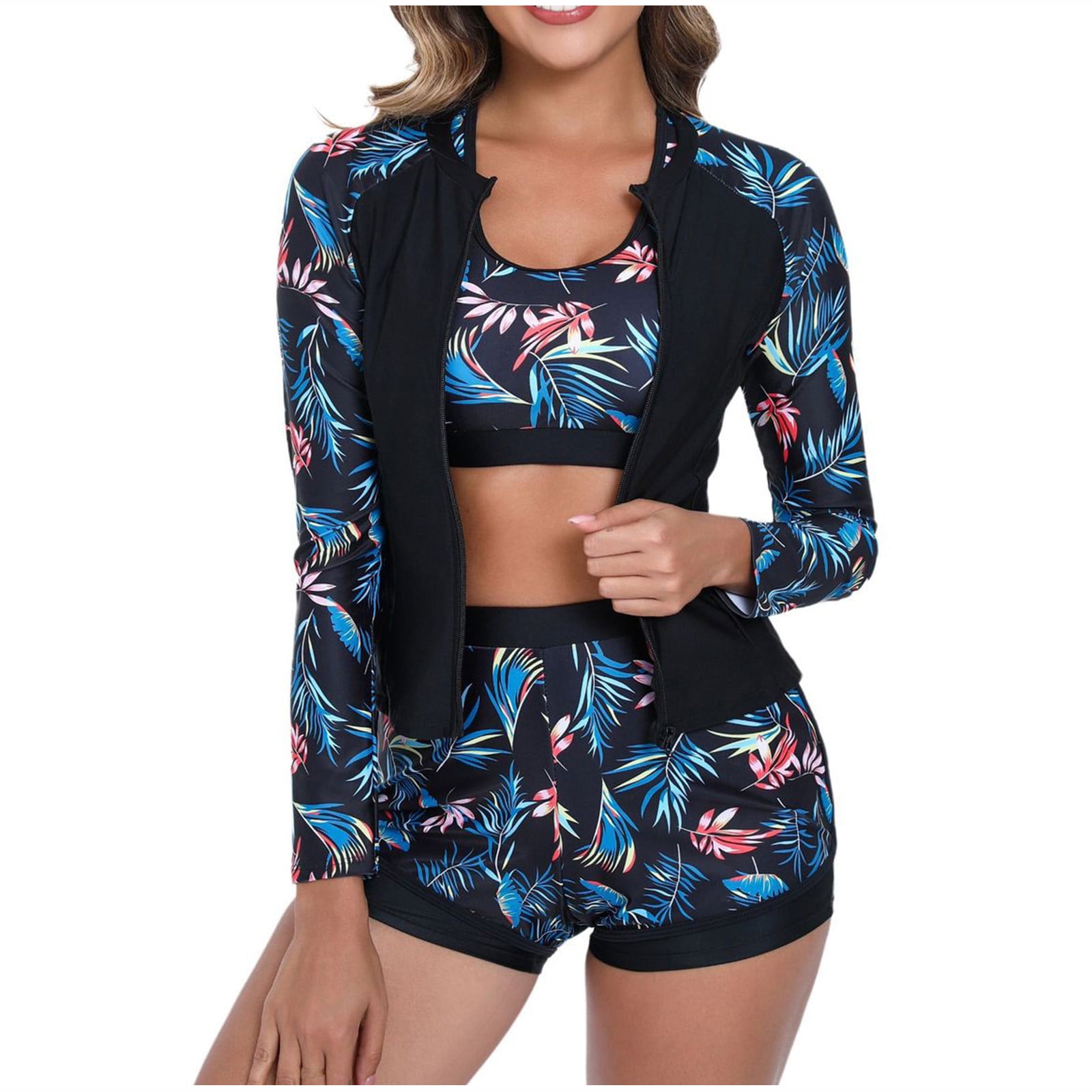 Print 3 Piece Mesh Long Sleeve Smock Push Up Strapped Backless High Waist Swimsuit