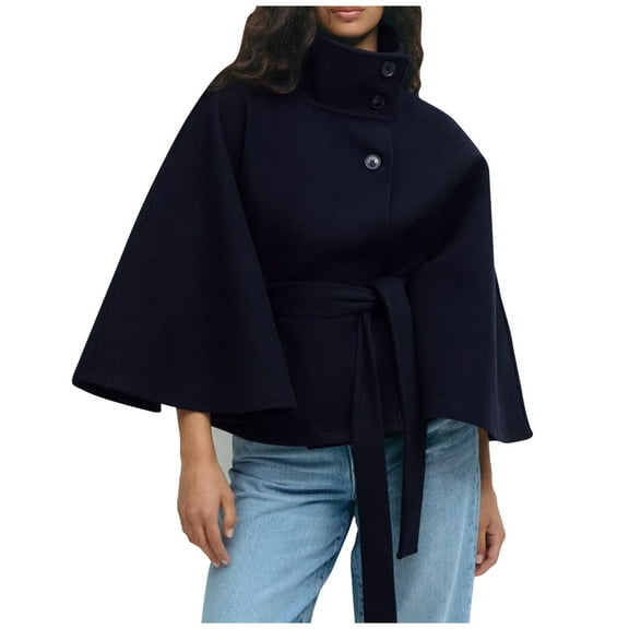 Oplxuo Women Batwing Sleeve Poncho Peacoat Trendy Stand Collar Crop Cloak Cape Coats Winter Warm Button Belted Jackets Outwear