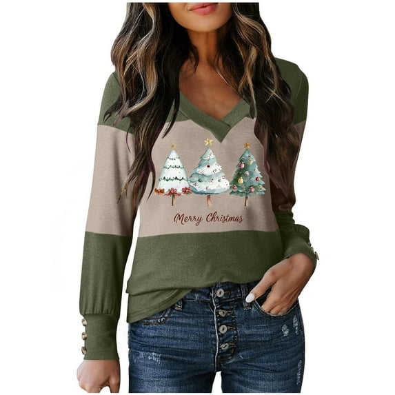 Oplxuo Women Blouses Dressy Casual Color Block Long Sleeve Shirts V Neck Tops Fall Outfits 2025 Christmas