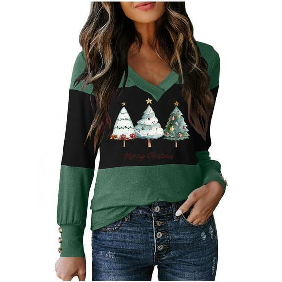 Oplxuo Women Blouses Dressy Casual Color Block Long Sleeve Shirts V Neck Tops Fall Outfits 2025 Christmas