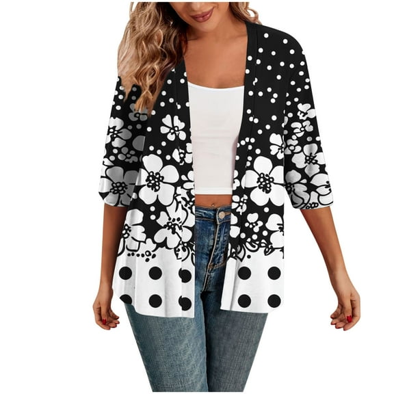 Oplxuo Women Cardigan 3/4 Sleeves Open Front Lightweight Cardigan Fashion Print Cardigan