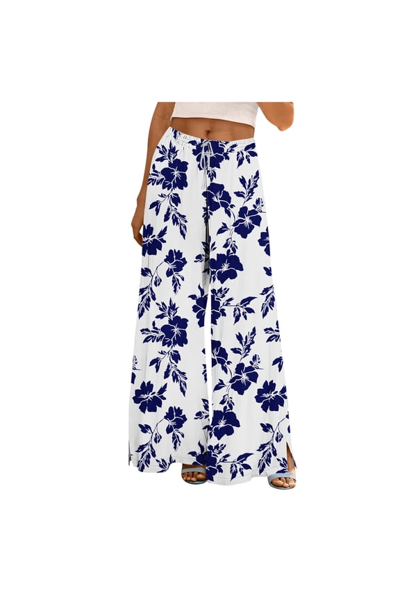 Women Casual High Waist Wide Leg Pants Summer Floral Solid Long Palazzo Pants Lounge Beach Trousers with Pocket