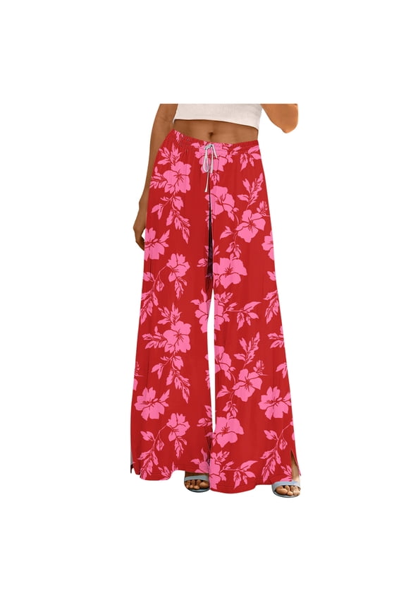 Women Casual High Waist Wide Leg Pants Summer Floral Solid Long Palazzo Pants Lounge Beach Trousers with Pocket